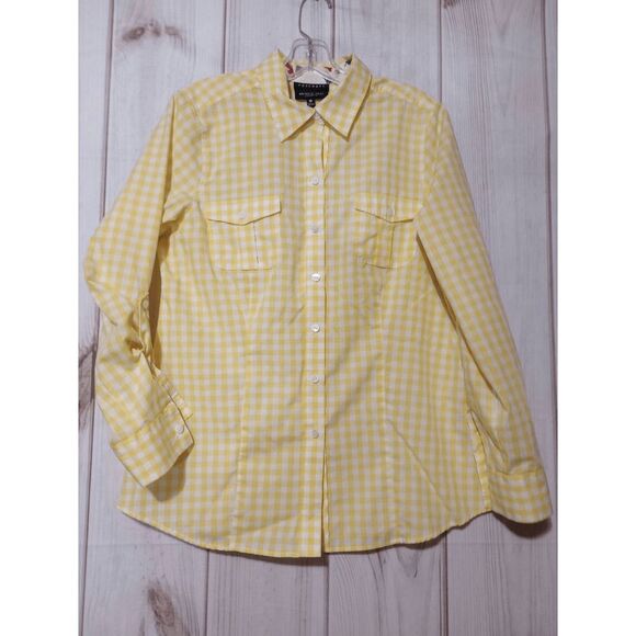 Foxcroft Shirt Ladies 12 Yellow White Button‎ Front Gingham - Picture 1 of 9
